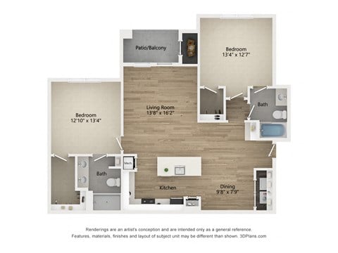Floor plan for 2 beds, 2 baths, 1194 sqft